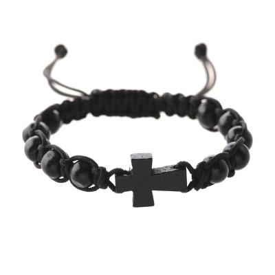 Black Corded Cross Bracelet With Brown Wood Cross 735365492664 - BR689C