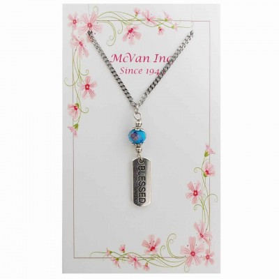 18in. Chain/Aqua Bead/Blessed Pendant Necklace - 735365513505 - NK159C