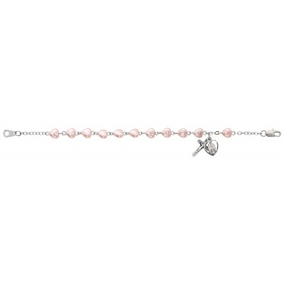 6 1/2 inch Pink Heart Bracelet Silver Crucifix/Miraculous Medal - 735365496228 - BR173M