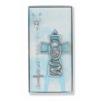 Blue Guardian Angel Pewter Cross/Rosary Set