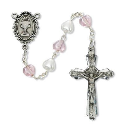Pewter 5mm Pink Pearl Heart Rosary w/Pewter Crucifix/Chalice Center - 735365178933 - C86DW