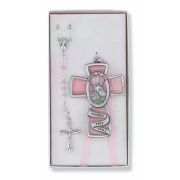 Pink Guardian Angel Pewter Cross/Rosary Set