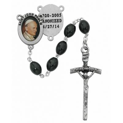 Saint John Paul II Black Beads Rosary w/Crucifix/Red Enameled Center - 735365321353 - R480DF