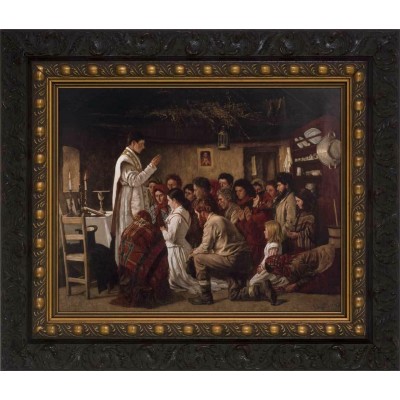 Mass in a Connemara Cabin - Ornate Dark Framed Canvas - - NWC-573-7 Mass in a Connemara Cabin - Ornate Dark Framed Canvas - - NWC-573-7