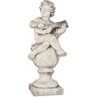 Cherub On Finial Mandolin 39in. Fiber Stone Resin In/Outdoor Statue