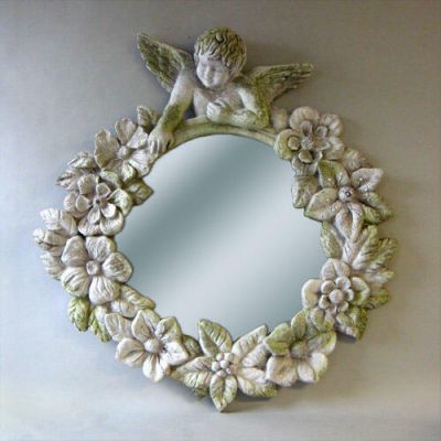 Round Cherub Mirror Frame 30in. Fiber Stone Resin In/Outdoor Statue -  - FS7256