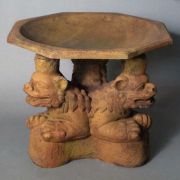 Three Oriental Foo Dogs Birdbath Fiber Stone Resin In/Outdoor Statue
