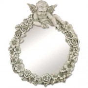 Round Cherub Victorian Floral Mirror Frame 30in. Fiberglass Resin Indoor/Outdoor Garden Decoration Round Cherub Victorian Floral Mirror Frame 30in. Fiberglass Resin Indoor/Outdoor Garden Decoration