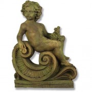 Spring Cherub Angel On Scroll 36in. Fiber Stone In/Outdoor Statue