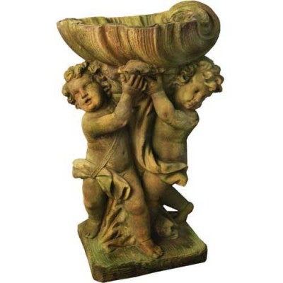 Twin Cherubs w/Seashell 36in. - Fiber Stone Resin - Outdoor Statue -  - FS69152
