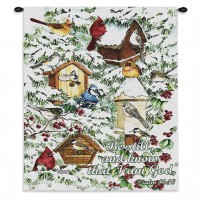 A Winter's Gift - Woven Tapestry Wall Art Hanging - Wintry Birdhouses with Inspirational Biblical Quote - 100% Cotton Size 34x26