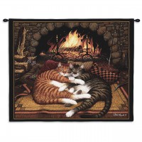 All Burned Out by Charles Wysocki - Woven Tapestry Wall Art Hanging - Tabby Cats Cuddle by Fireplace ' Fun Cat Lover's Gift - Cotton - Size 34x26