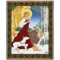 Christmas Angel With Lamb Lion - Lynn Bywaters - Cotton Woven Blanket Throw -  (72x54)