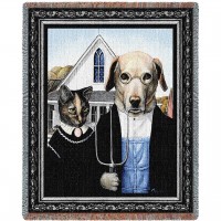 Animal Gothic - Grant Wood's American Gothic Parody - Melinda Copper - Cotton Woven Blanket Throw -  (72x54)