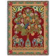 Asian Elephants - Tree of Life - Cotton Woven Blanket Throw -  (72x54)