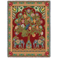 Asian Elephants - Tree of Life - Cotton Woven Blanket Throw -  (72x54)