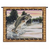 Bass Attack - Woven Tapestry Wall Art Hanging - Bass Outdoorsman Fishing Cabin Lodge Decor - Cotton - Size 32x26