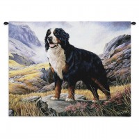 Bernese Mountain Dog by Robert May - Woven Tapestry Wall Art Hanging - Dog Posed on Rocky Landscape Oil Painting - 100% Cotton Size 34x26