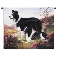 Border Collie by Robert May - Woven Tapestry Wall Art Hanging - Dogs on Serene Hillside Oil Painting - 100% Cotton Size 34x26