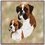 Boxer with Puppy - Robert May - Lap Square Cotton Woven Blanket Throw -  (54x54)