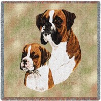 Boxer with Puppy - Robert May - Lap Square Cotton Woven Blanket Throw -  (54x54)