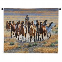 Bringing Them In - Woven Tapestry Wall Art Hanging - Cowboy Herding Wild Stallion Horses Western Equestrian Artwork - 100% Cotton Size 34x26