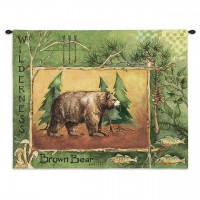 Brown Bear by Anita Phillips - Woven Tapestry Wall Art Hanging - Stark Rustic Forest Artwork with Trout and Mushrooms - 100% Cotton Size 34x26