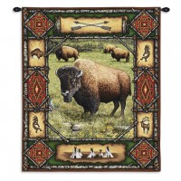 Buffalo Lodge - Woven Tapestry Wall Art Hanging - Rustic Wildlife Bison Theme - Cotton - Size 34x26