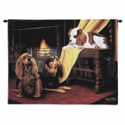 Cavalier King Charles Spaniel by Robert May - Woven Tapestry Wall Art Hanging - Dogs Sitting at Fireplace Oil Painting - Cotton - Size 34x26