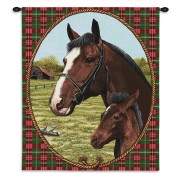 Cheval - Woven Tapestry Wall Art Hanging - Elegant Mare and Foal with Plaid Background - 100% Cotton Size 34x26