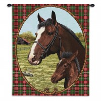 Cheval - Woven Tapestry Wall Art Hanging - Elegant Mare and Foal with Plaid Background - 100% Cotton Size 34x26