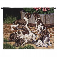 Common Scents by Bob Christie - Woven Tapestry Wall Art Hanging - Mischievous Puppies Exploring Nature - 100% Cotton Size 34x26