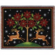 Deer Poinsettia and Tree - Stephanie Stouffer - Cotton Woven Blanket Throw -  (72x54)