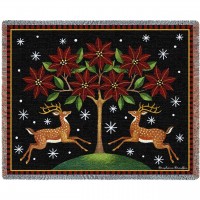 Deer Poinsettia and Tree - Stephanie Stouffer - Cotton Woven Blanket Throw -  (72x54)