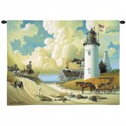 Dreamers by Charles Wysocki - Woven Tapestry Wall Art Hanging - Two Young Boys on Cape Cod Lighthouse Dunes - 100% Cotton Size 34x26