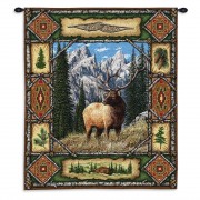 Elk Lodge - Woven Tapestry Wall Art Hanging - Ornate Rustic Hunting Cabin Decor - Cotton - Size 34x26