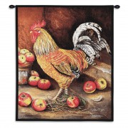 English Cockerel by Alexandra Churchill - Woven Tapestry Wall Art Hanging - Regal Barnyard Rooster amongst Apples - Cotton - Size 34x26