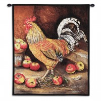 English Cockerel by Alexandra Churchill - Woven Tapestry Wall Art Hanging - Regal Barnyard Rooster amongst Apples - Cotton - Size 34x26