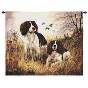 English Springer Spaniel by Robert May - Woven Tapestry Wall Art Hanging - Vibrant Spaniels on Field Oil Painting - 100% Cotton Size 34x26