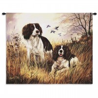 English Springer Spaniel by Robert May - Woven Tapestry Wall Art Hanging - Vibrant Spaniels on Field Oil Painting - 100% Cotton Size 34x26