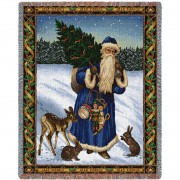 Father Christmas - Blue - Cotton Woven Blanket Throw -  (72x54)