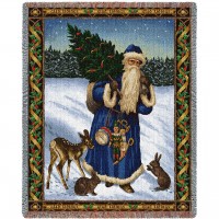 Father Christmas - Blue - Cotton Woven Blanket Throw -  (72x54)
