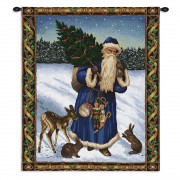 Father Christmas Blue - Woven Tapestry Wall Art Hanging - Santa on Snowy Field Festive Holiday Decor - 100% Cotton Size 34x26