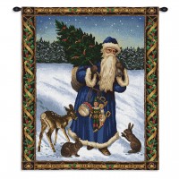 Father Christmas Blue - Woven Tapestry Wall Art Hanging - Santa on Snowy Field Festive Holiday Decor - 100% Cotton Size 34x26