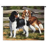 Fence Line Cocker Spaniel Dog by Bob Christie - Woven Tapestry Wall Art Hanging - Pair of Exploring Dogs Oil Painting - 100% Cotton Size 34x26