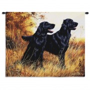 Flat-Coated Retriever by Robert May - Woven Tapestry Wall Art Hanging - Dogs in Autumn Field Oil Painting - 100% Cotton Size 34x26