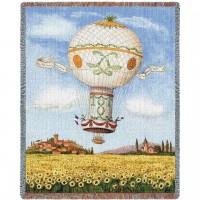 Balloon Flight Over Sunflowers - Hot Air Ballon Scenic - Cotton Woven Blanket Throw -  (72x54)