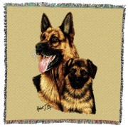 German Shepherd with Puppy - Robert May - Lap Square Cotton Woven Blanket Throw -  (54x54)