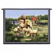 Golden Retriever with Puppies by Bob Christie - Woven Tapestry Wall Art Hanging - Dog Family on River Meadow - 100% Cotton Size 34x26