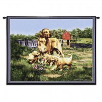Golden Retriever with Puppies by Bob Christie - Woven Tapestry Wall Art Hanging - Dog Family on River Meadow - 100% Cotton Size 34x26
